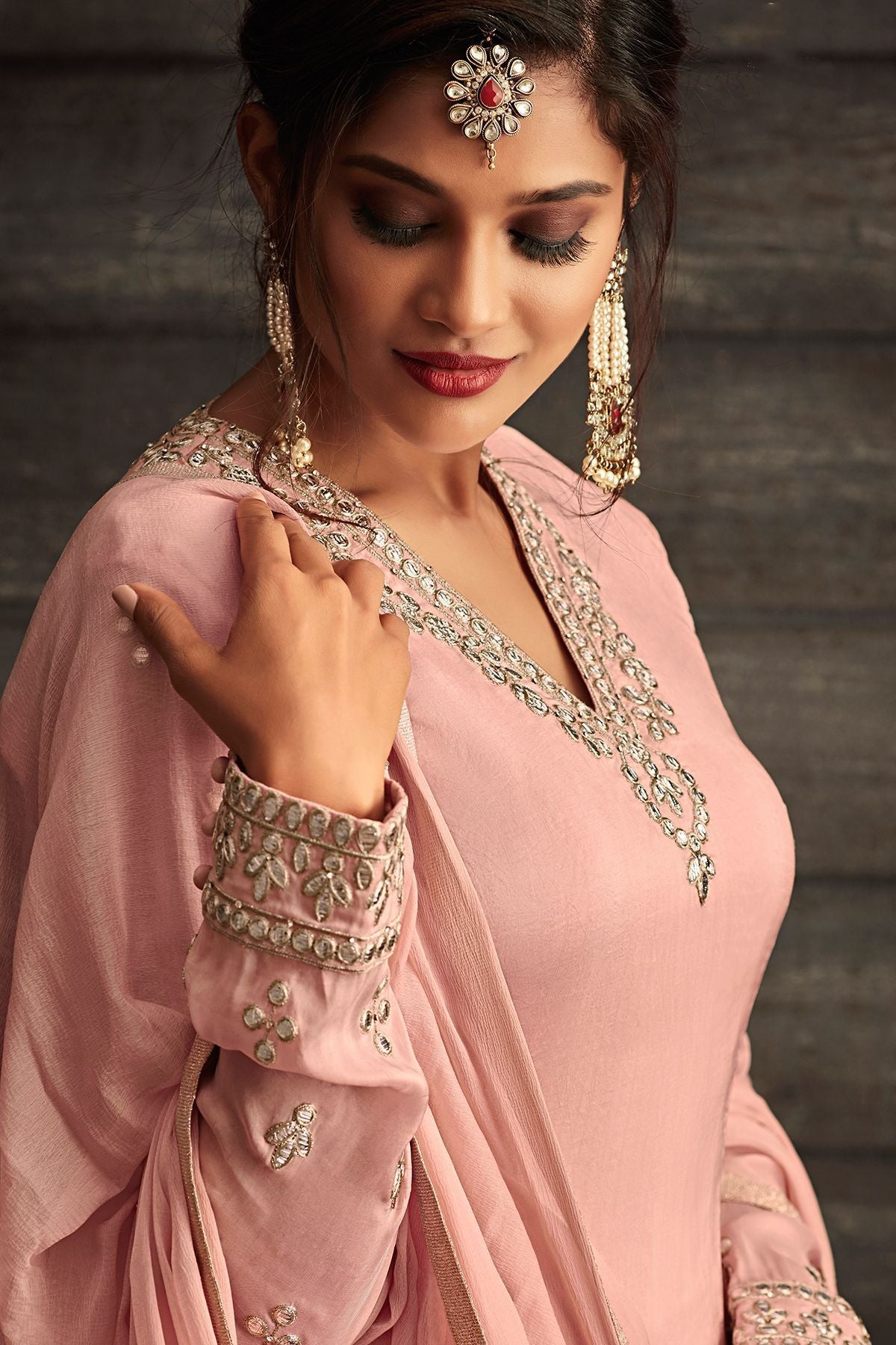 Pink Embroidered Party Wear Palazzo Suit