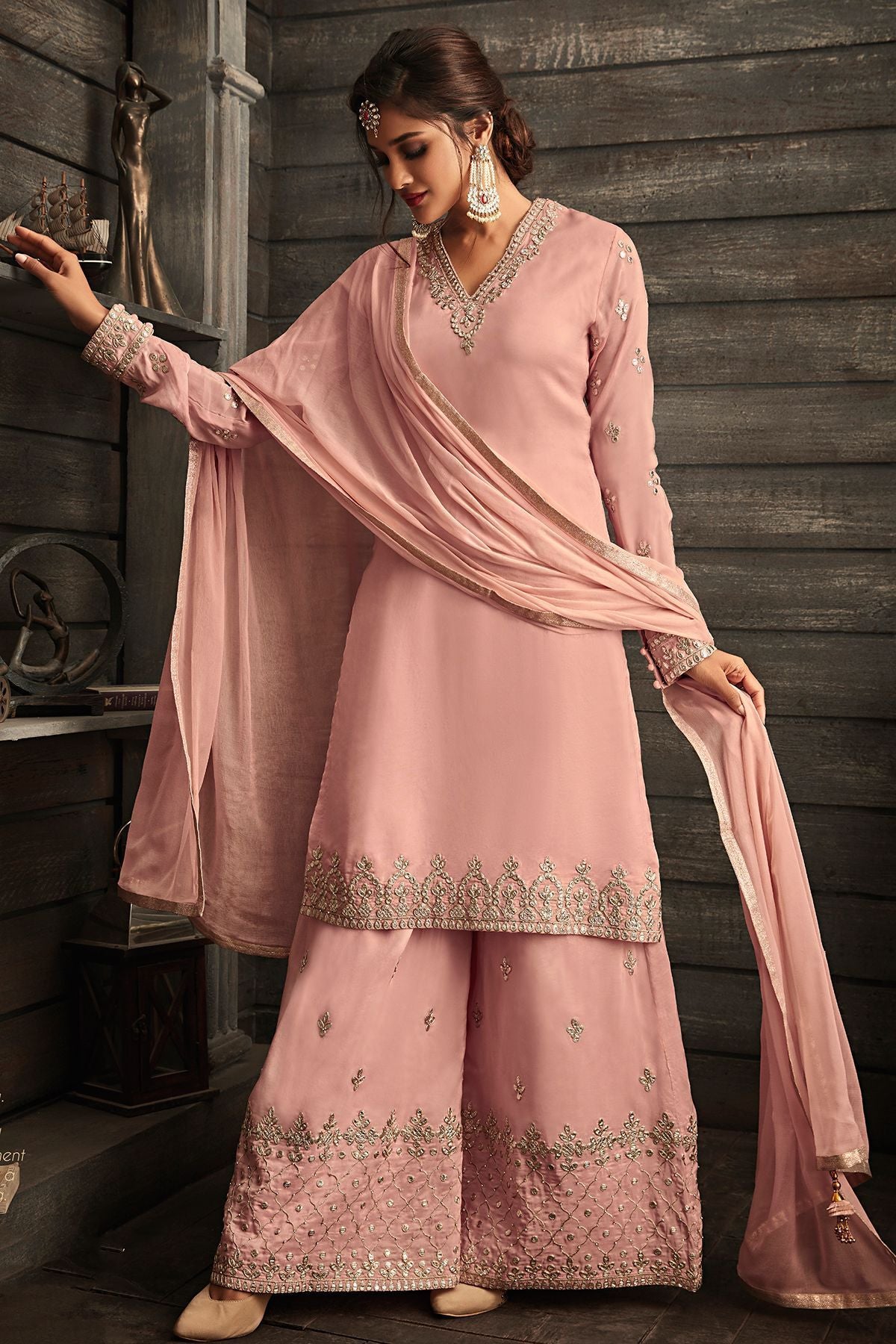 Pink Embroidered Party Wear Palazzo Suit
