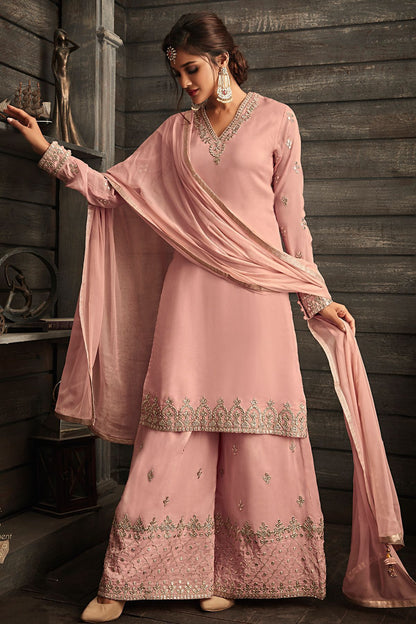 Pink Embroidered Party Wear Palazzo Suit