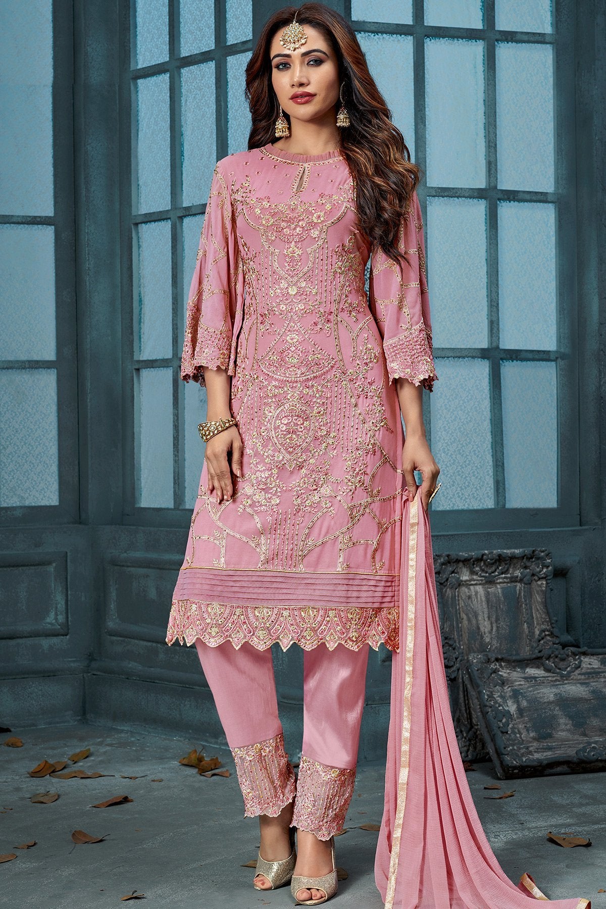 Pink Embroidered Party Wear Straight Suit