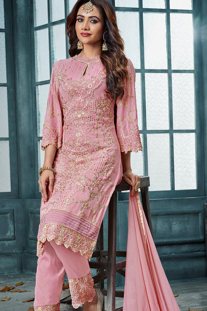 Pink Embroidered Party Wear Straight Suit