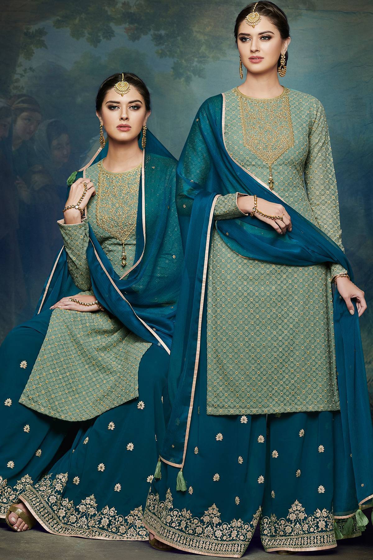 Pista Green And Morpeach embroidered Palazzo Suit