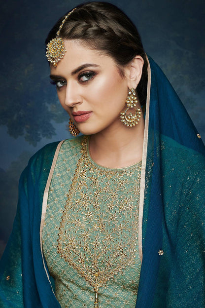 Pista Green And Morpeach embroidered Palazzo Suit