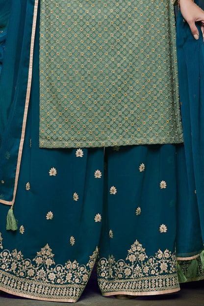 Pista Green And Morpeach embroidered Palazzo Suit