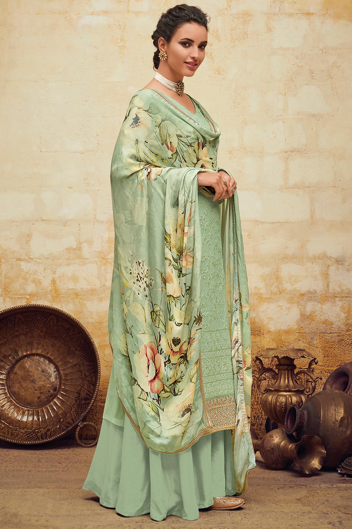 Pista Green Designer Georgette Palazzo Suit