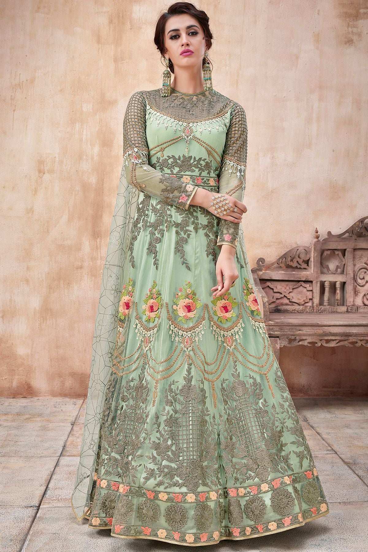 Pista Green Embroidered Net Anarkali Suit