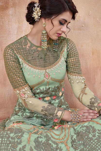 Pista Green Embroidered Net Anarkali Suit