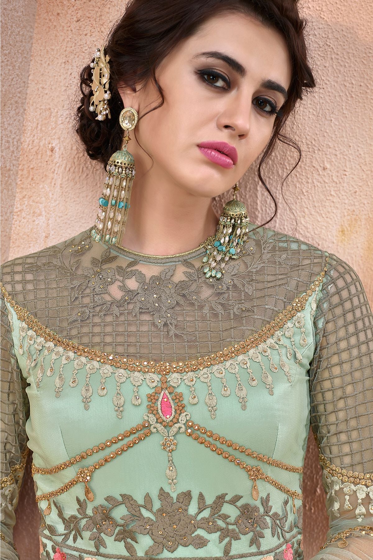Pista Green Embroidered Net Anarkali Suit