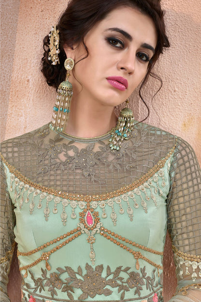 Pista Green Embroidered Net Anarkali Suit
