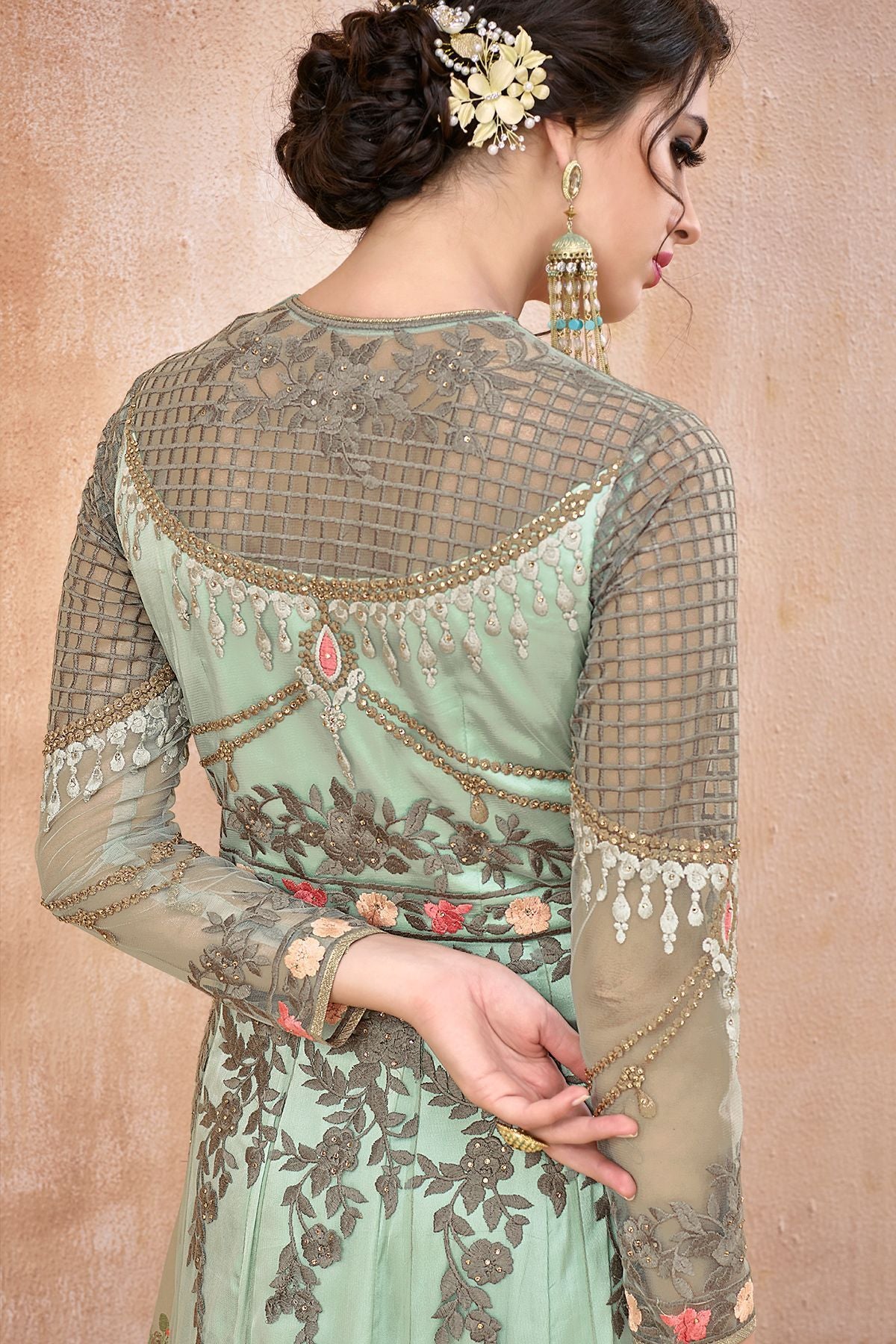Pista Green Embroidered Net Anarkali Suit