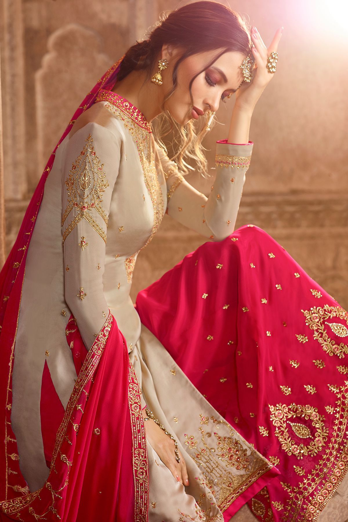 Pistachio and Hot Pink Georgette Palazzo Suit