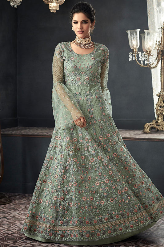 Pistachio Green Net Party Wear Anarkali Suit