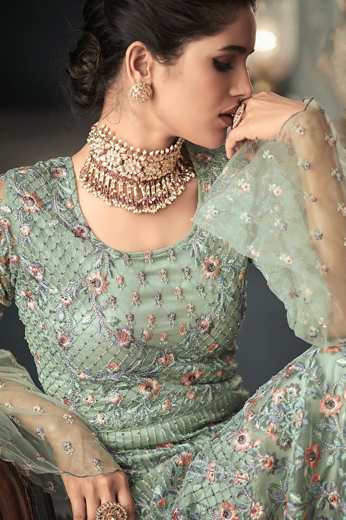 Pistachio Green Net Party Wear Anarkali Suit