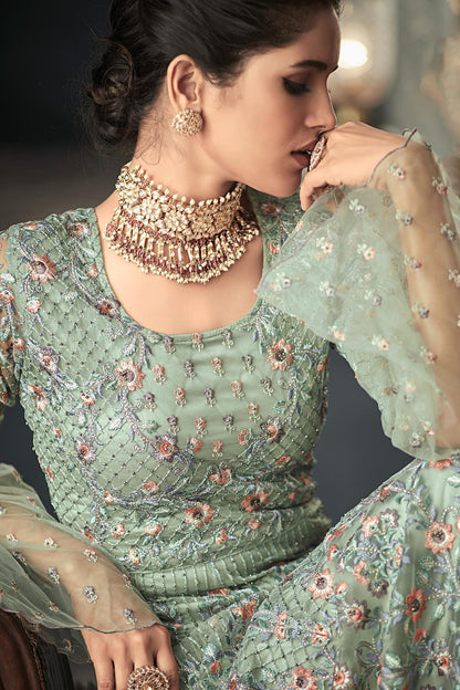 Pistachio Green Net Party Wear Anarkali Suit
