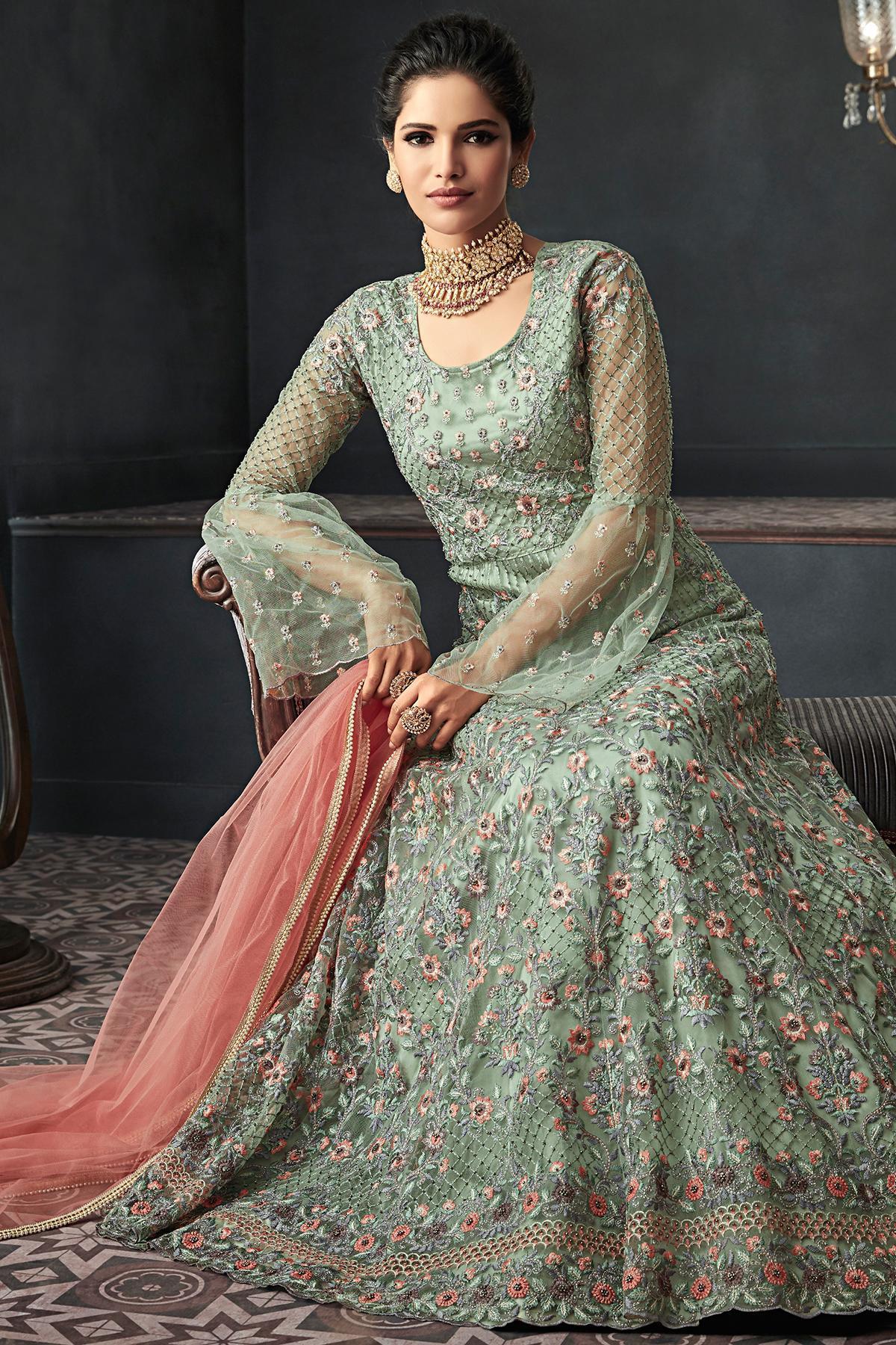 Pistachio Green Net Party Wear Anarkali Suit