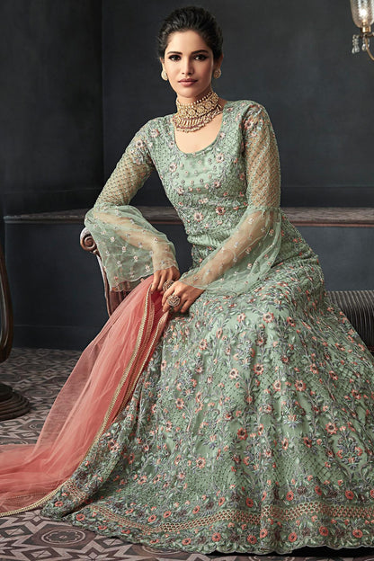 Pistachio Green Net Party Wear Anarkali Suit