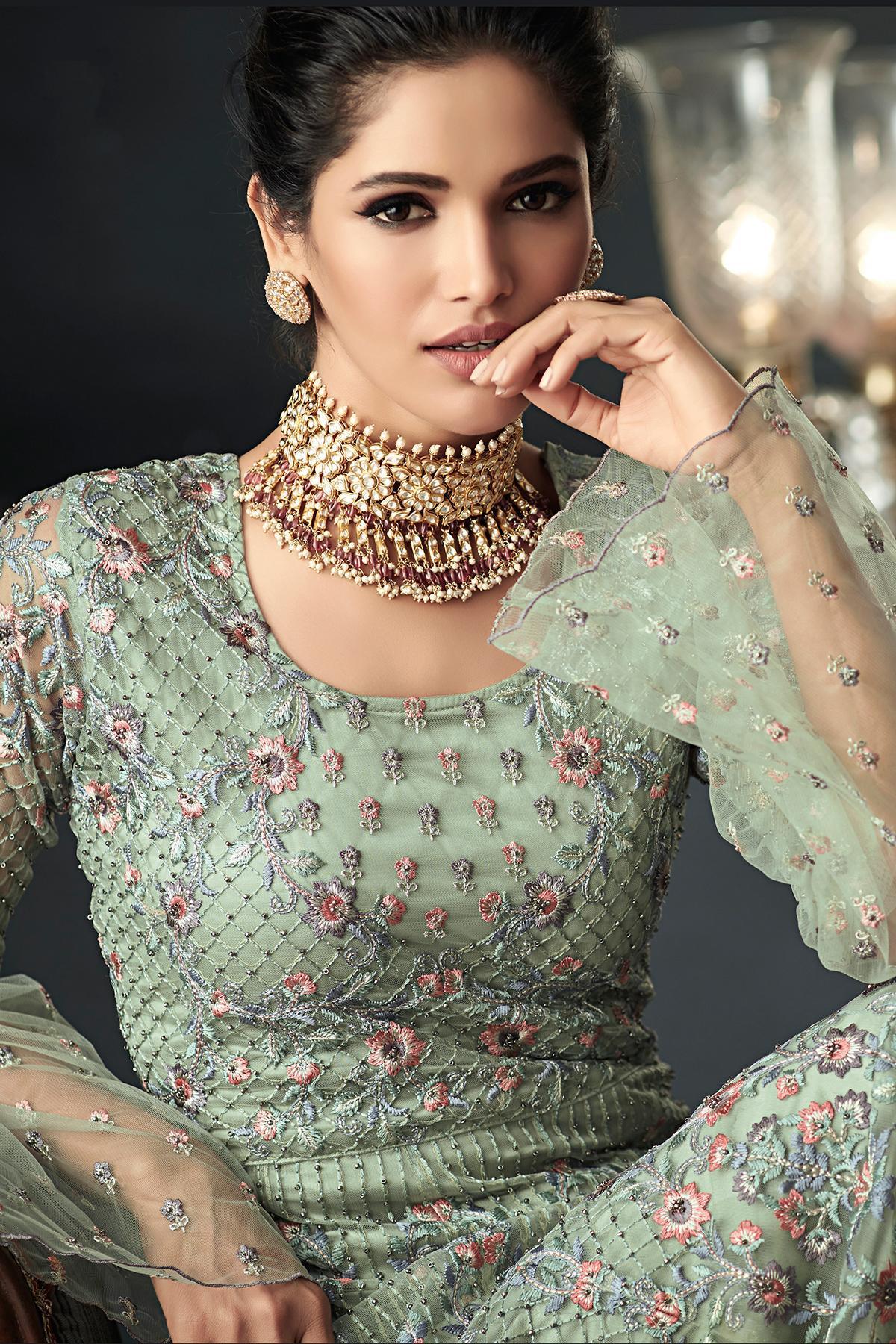 Pistachio Green Net Party Wear Anarkali Suit