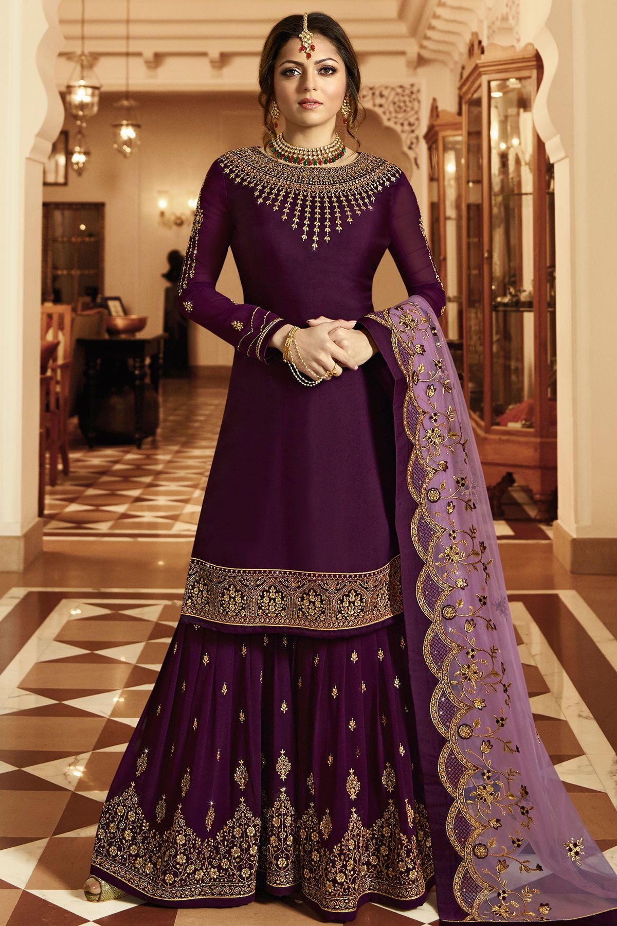 Plum Embroidered Party Wear Sharara Suit