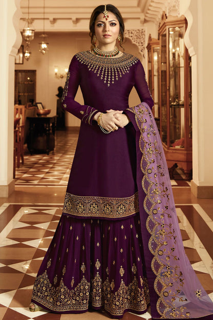 Plum Embroidered Party Wear Sharara Suit