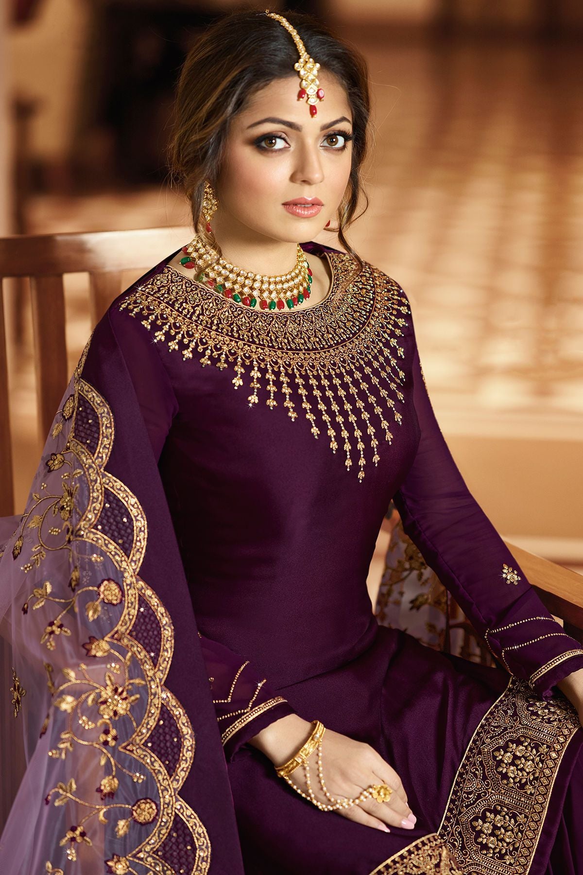 Plum Embroidered Party Wear Sharara Suit