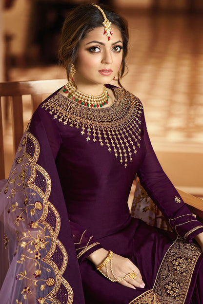 Plum Embroidered Party Wear Sharara Suit