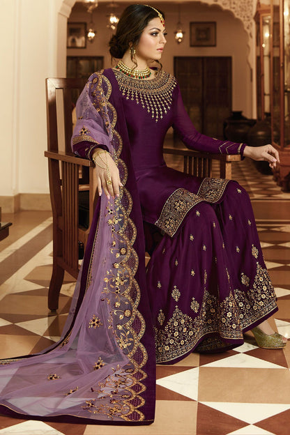 Plum Embroidered Party Wear Sharara Suit
