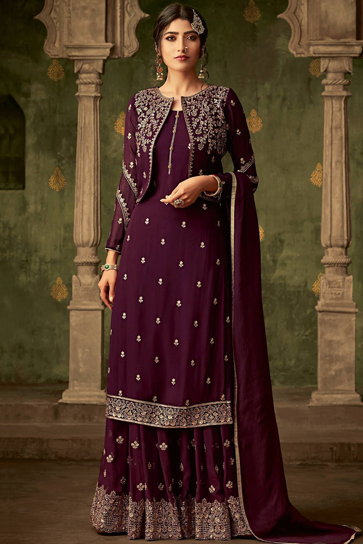 Plum Purple Designer Sharara Suit With Koti