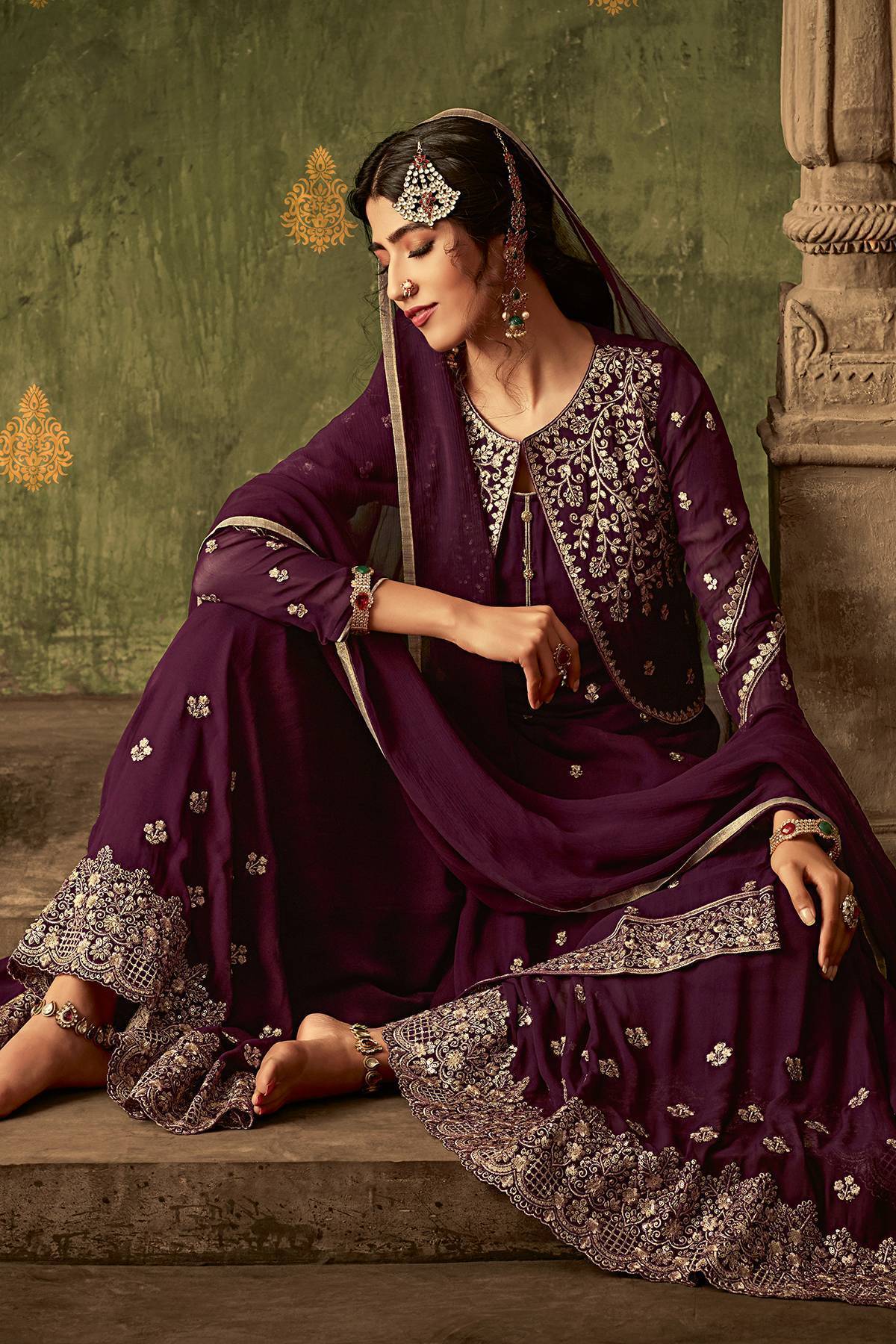 Plum Purple Designer Sharara Suit With Koti