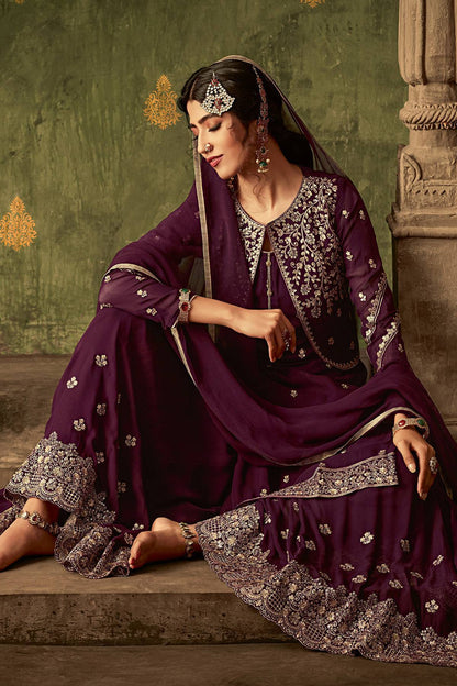 Plum Purple Designer Sharara Suit With Koti