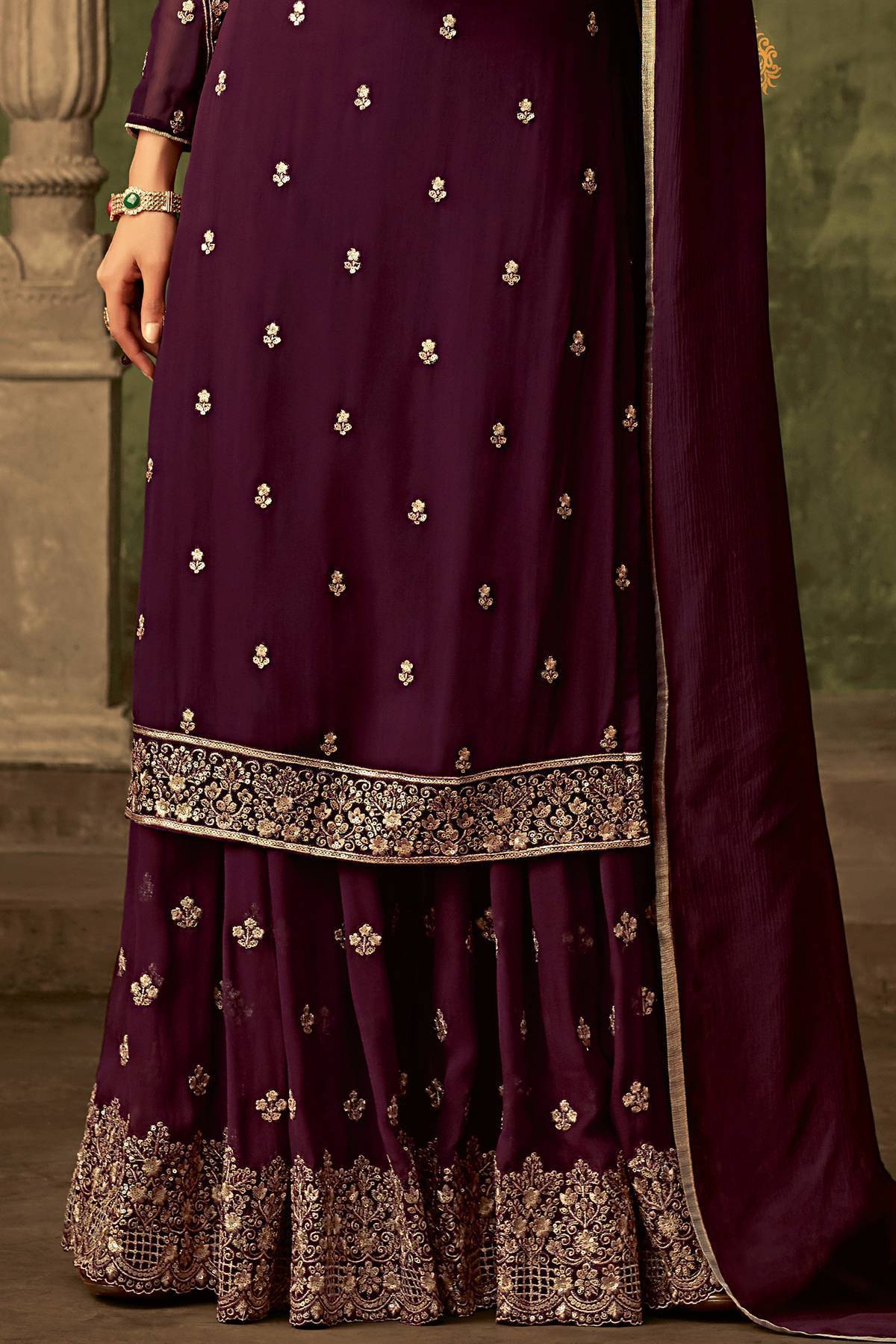 Plum Purple Designer Sharara Suit With Koti