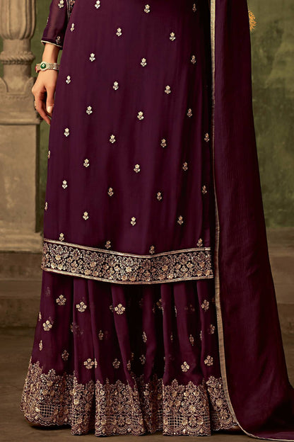 Plum Purple Designer Sharara Suit With Koti