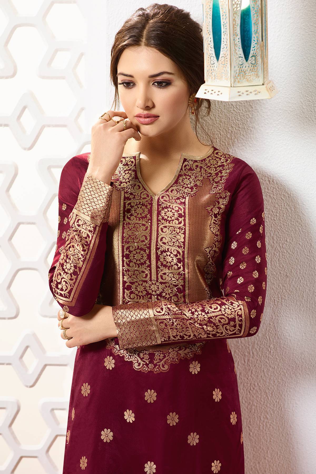 Plum Purple Designer Silk Palazzo Suit