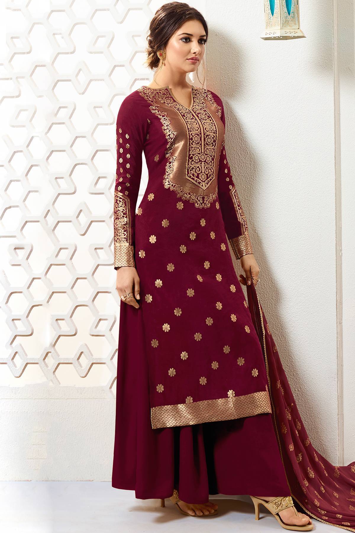 Plum Purple Designer Silk Palazzo Suit