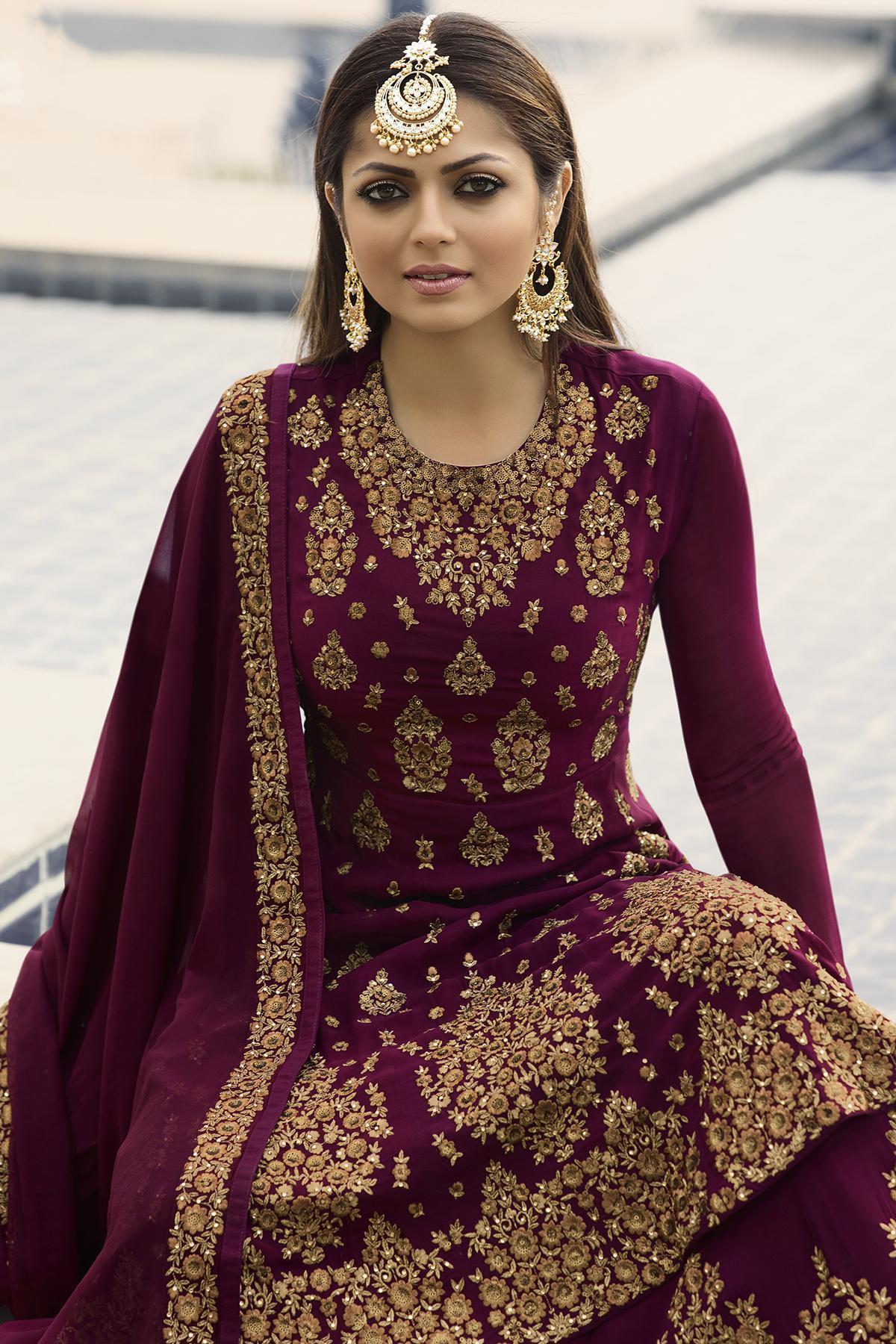 Plum Purple Embroidered Designer Suit