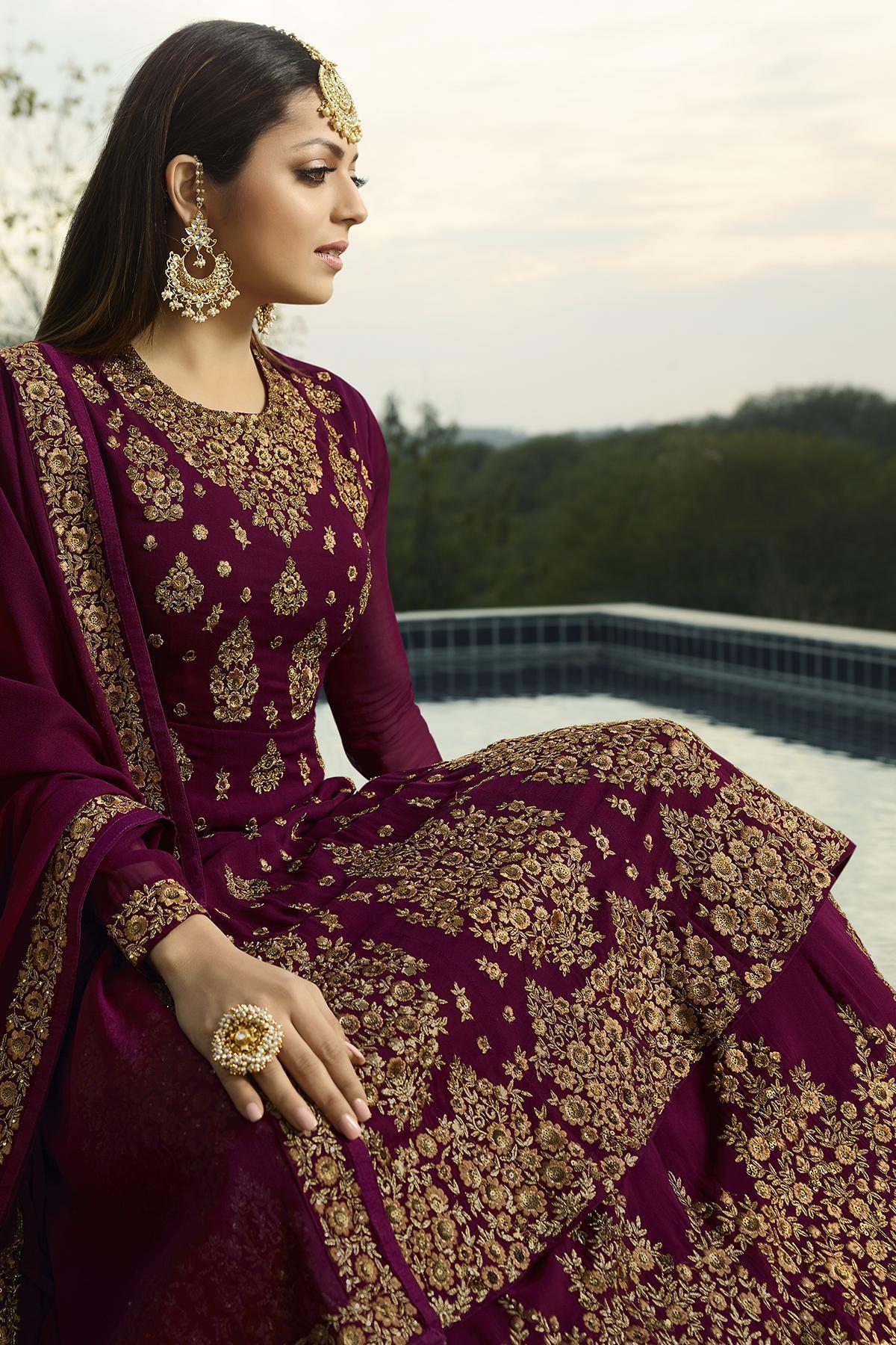 Plum Purple Embroidered Designer Suit