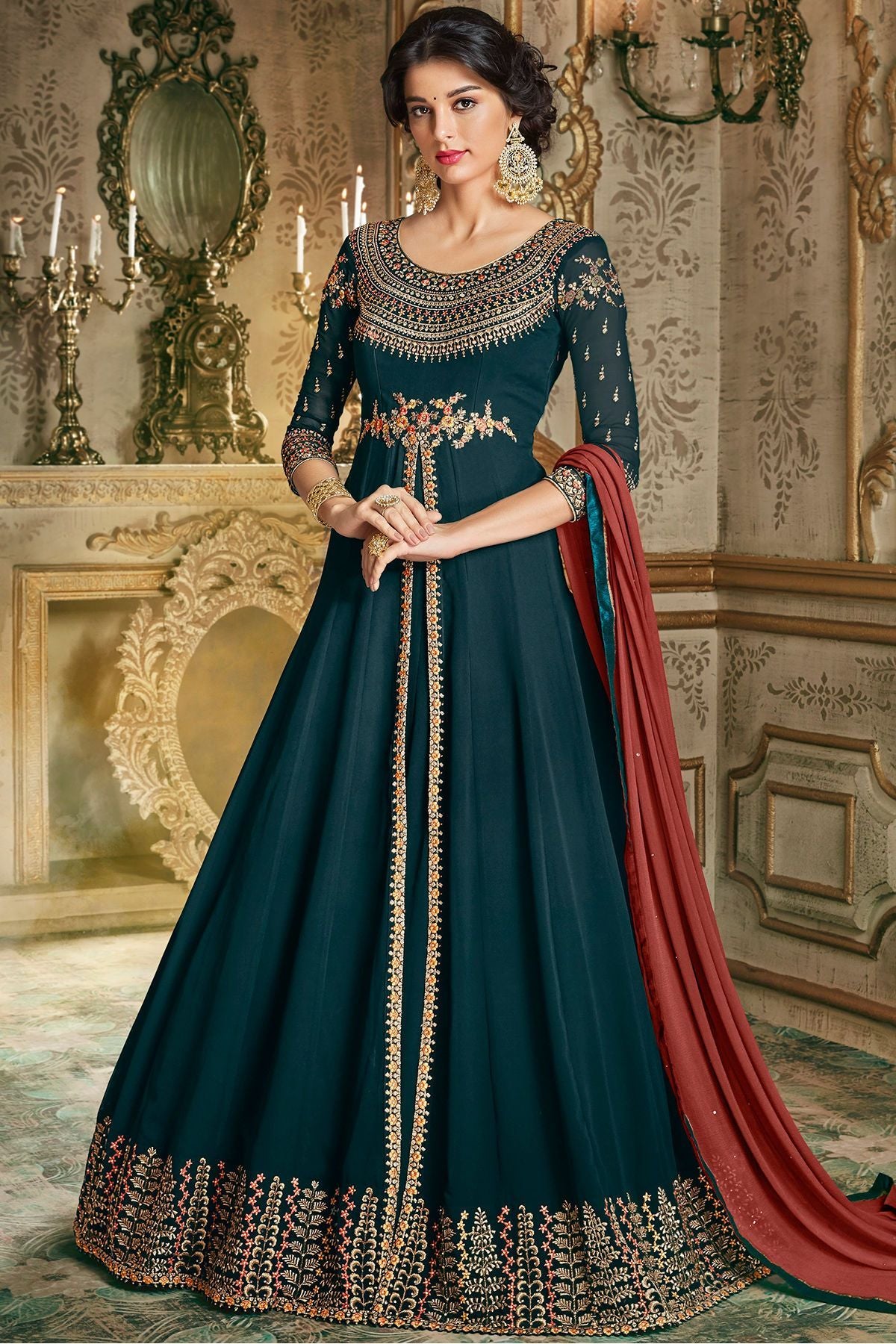 Prussian Blue Party Wear Slit Cut Anarkali Suit
