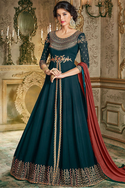 Prussian Blue Party Wear Slit Cut Anarkali Suit