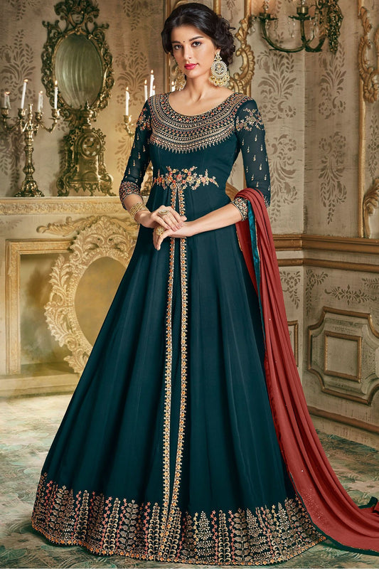 Prussian Blue Party Wear Slit Cut Anarkali Suit