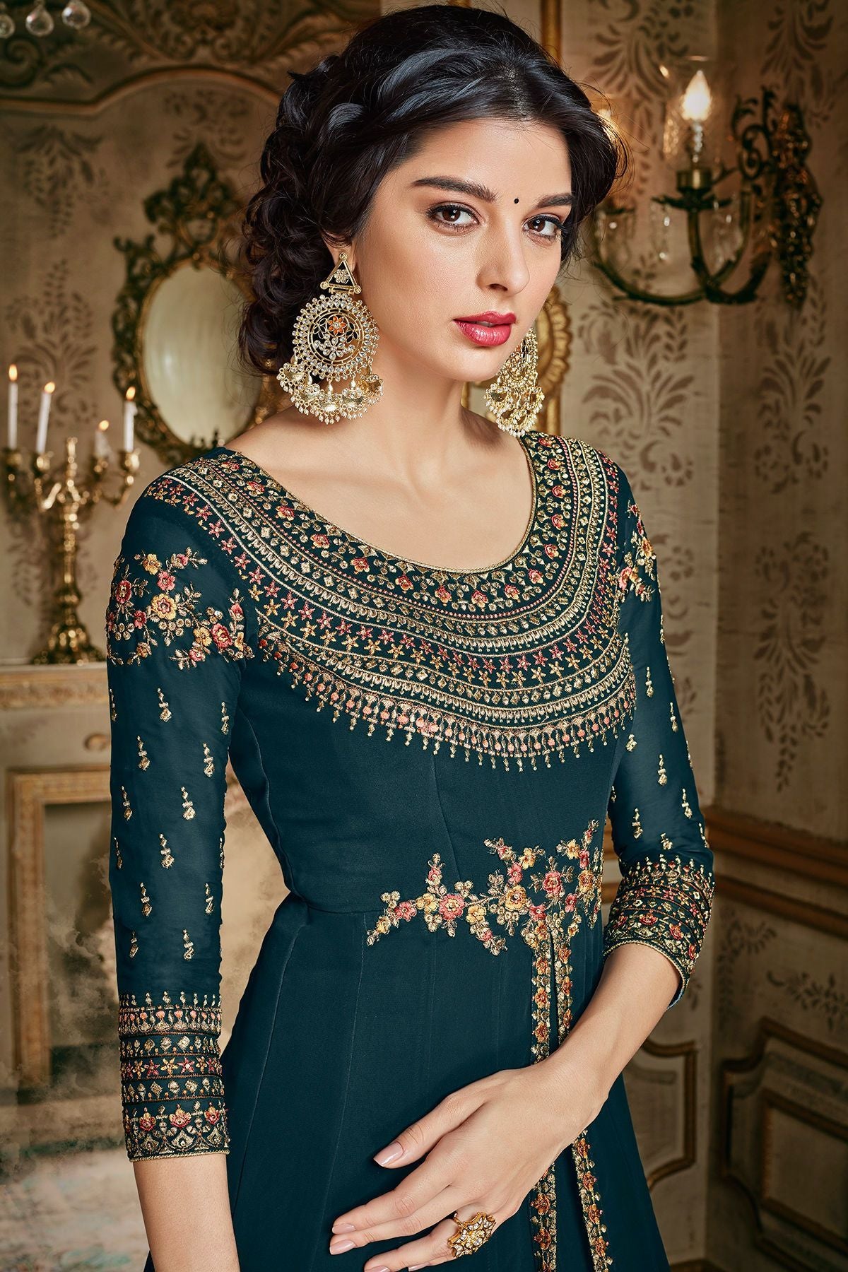Prussian Blue Party Wear Slit Cut Anarkali Suit