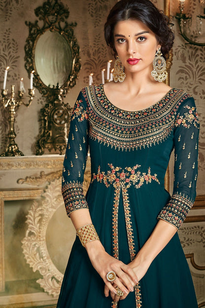 Prussian Blue Party Wear Slit Cut Anarkali Suit
