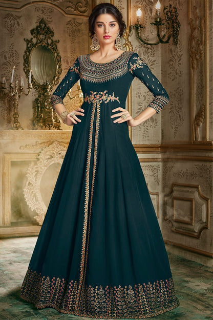 Prussian Blue Party Wear Slit Cut Anarkali Suit