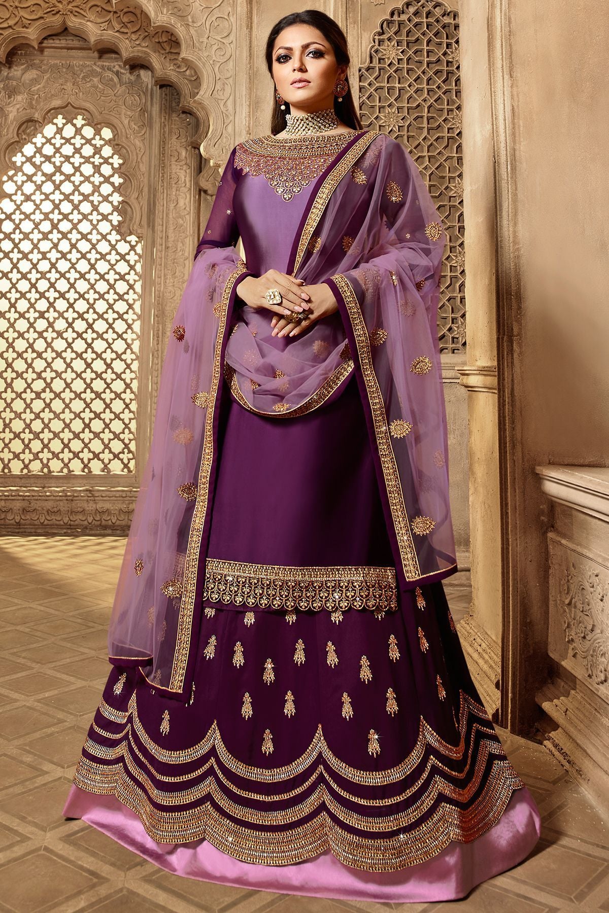 Purple Designer Embroidered Lehenga Kurti Set