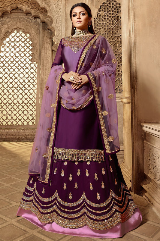 Purple Designer Embroidered Lehenga Kurti Set