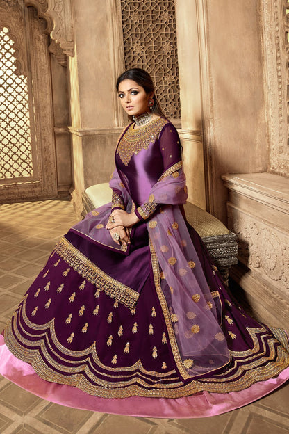 Purple Designer Embroidered Lehenga Kurti Set