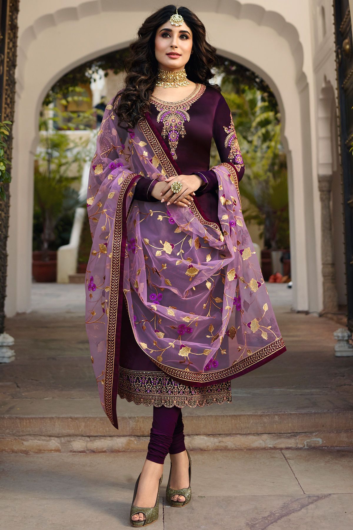 Purple Georgette Casual Straight Suit