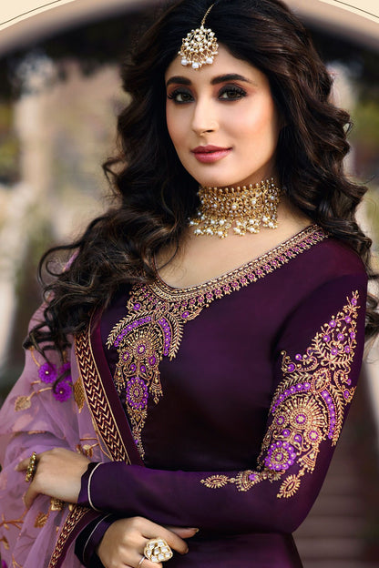 Purple Georgette Casual Straight Suit