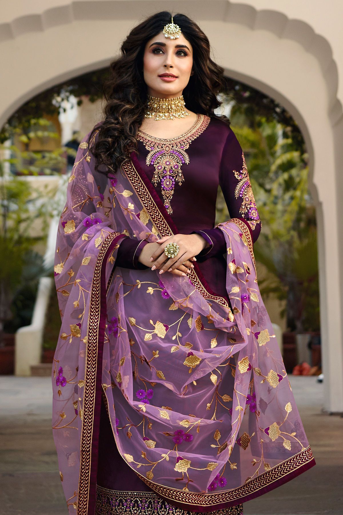 Purple Georgette Casual Straight Suit