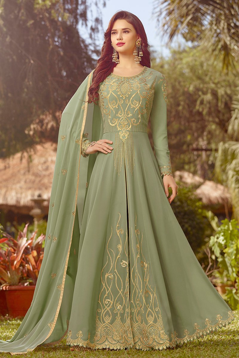 Light Green Golden Embroidered Slit Style Anarkali Suit