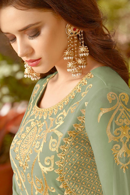 Light Green Golden Embroidered Slit Style Anarkali Suit