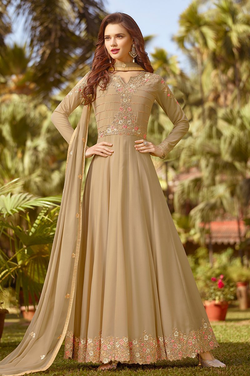 Beige With Multicoloured Embroidery Anarkali Suit